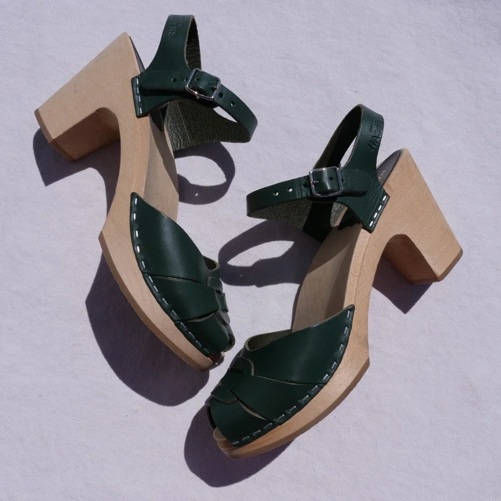 Modern‎ Swedish Hasbeens green leather peep toe high wooden platform sandals